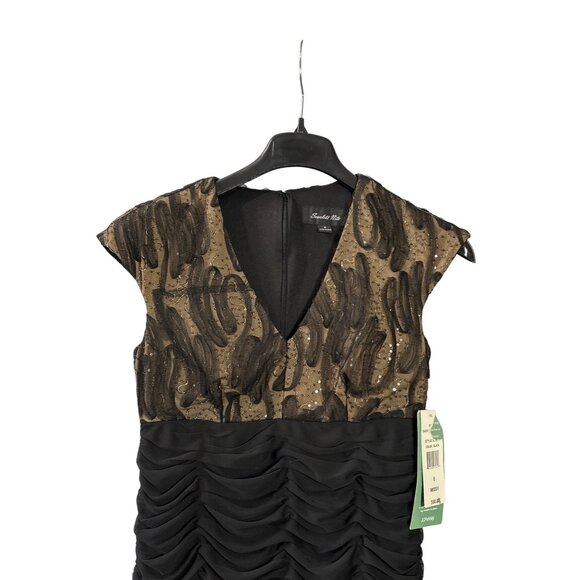 Y2K Scarlett Nite Womens Black Gold Ruched Midi Dress 6 Cap Sleeve Cocktail New - Picture 2 of 9